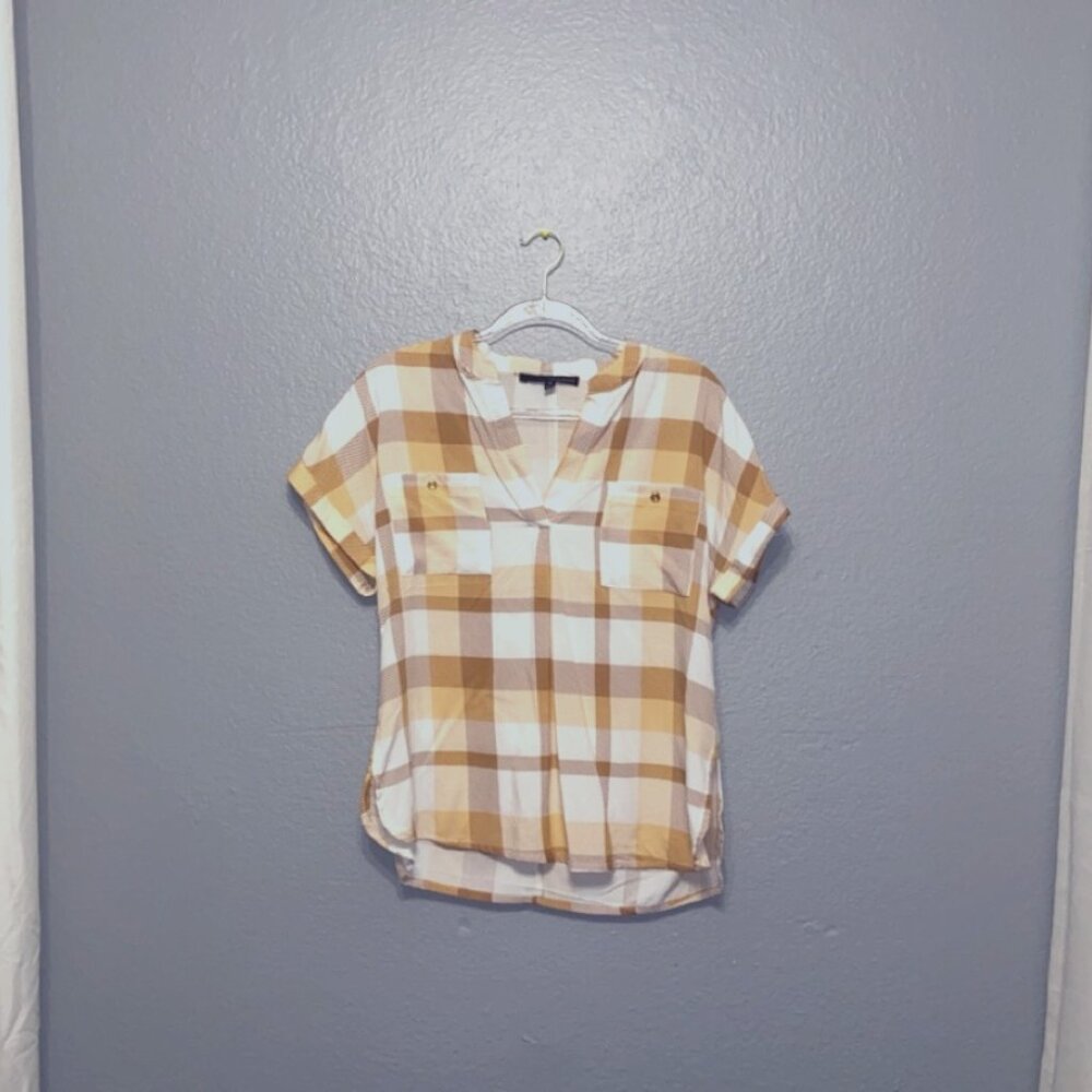 Women's Plaid Shirts Roll Up Sleeve Collared Blouse | Medium